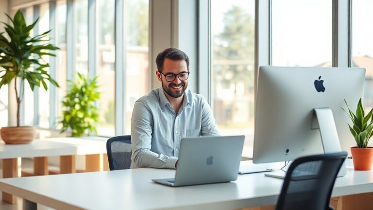 Business founder working on AI systems in a bright modern workspace